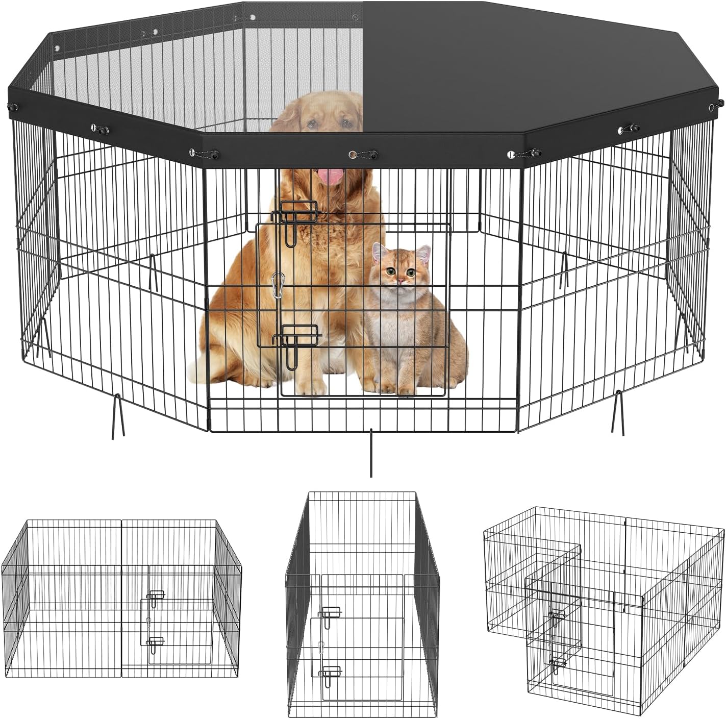 VEVOR foldable metal dog exercise pen with top cover and ground stakes